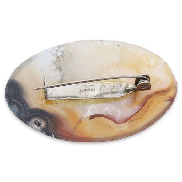 Vintage Dendritic Agate Brooch Large Oval Cabochon Gemstone Specimen Pin - Picture 2 of 3